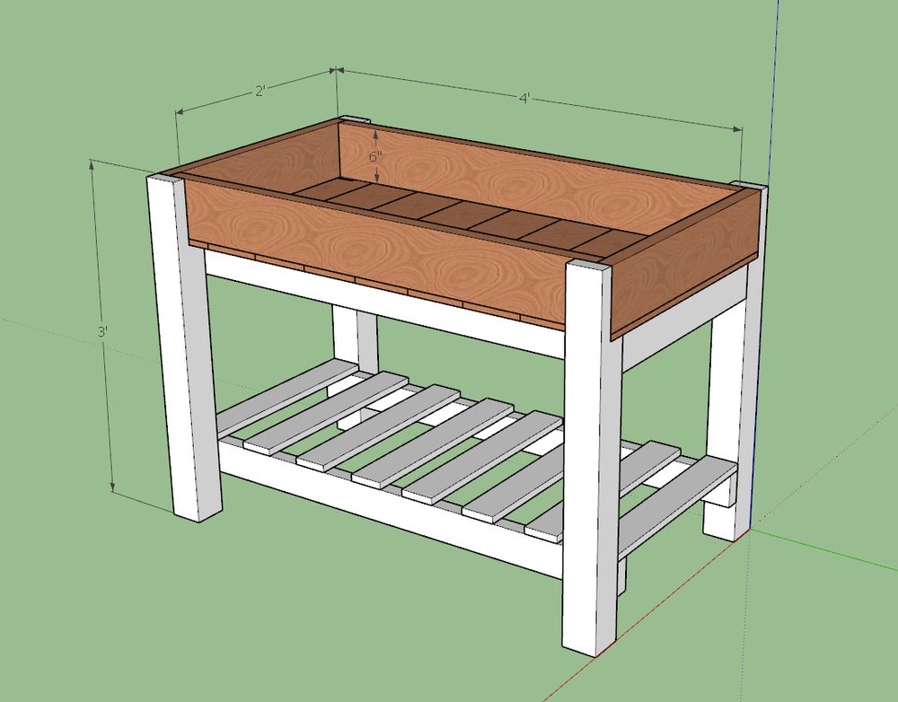 3D design drawing of a raised planter with a lower shelf and measurements