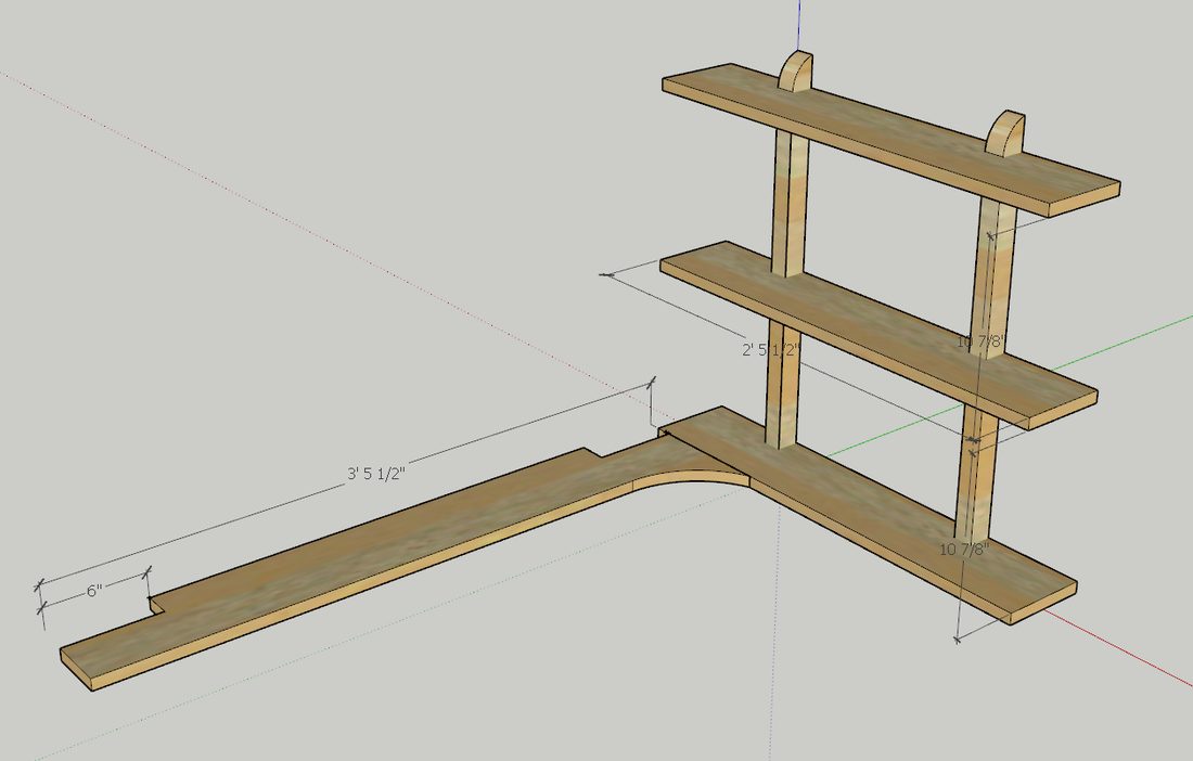 3D design drawing of a corner shelf with measurements