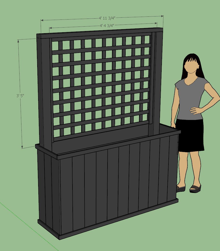 3D design drawing of a planter with a trellis screen, shown next to a person for scale