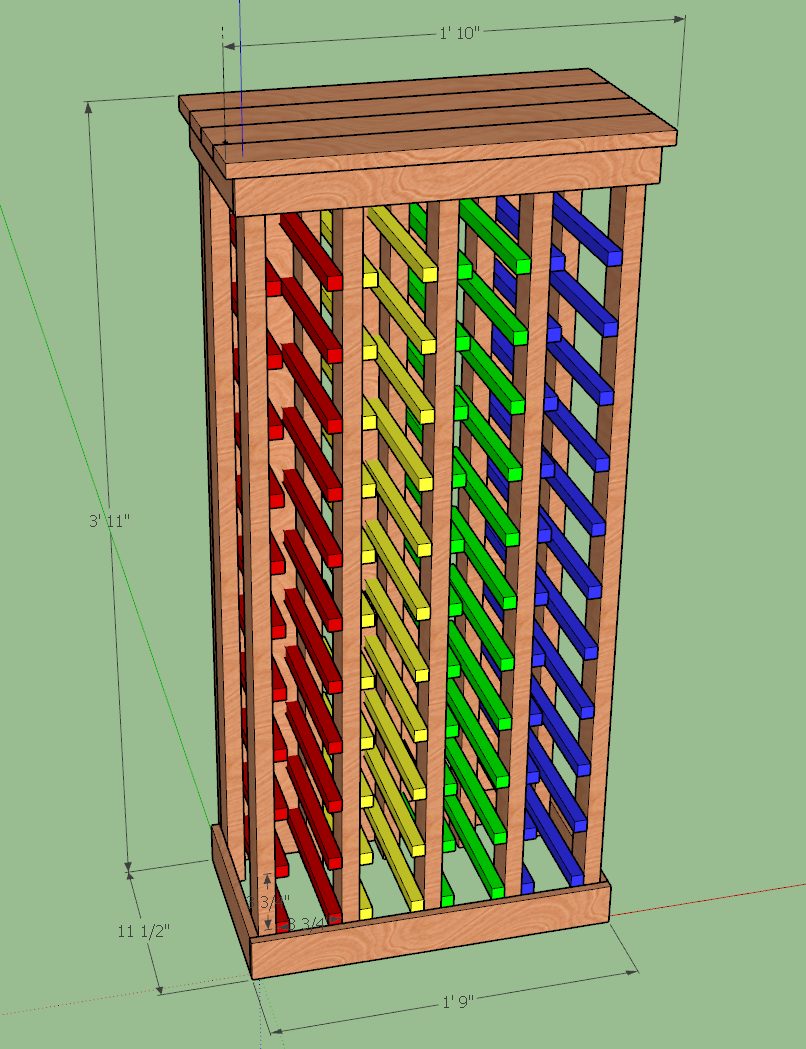 3D design drawing of a wine rack with measurements