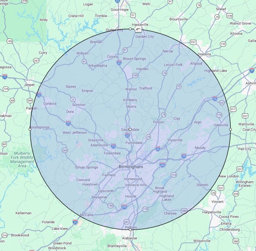 Map showing a 30-mile circle around Gardendale, Alabama that covers the Birmingham area