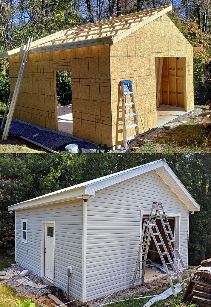 My workshop building under construction and then finished with siding